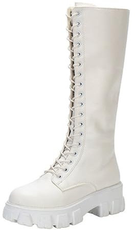 Stivali lunghi da donna, alla moda, in pelle massiccia, con lacci, cerniera laterale, alla moda, stivali lunghi a nove ginocchio, bianco, 40 EU