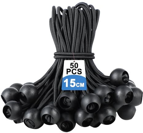 Paquete de 50 tensores para toldos con bola – Pulpos elásticos y cuerda elástica negra para lonas, tiendas y tarps. Incluye tensores para lona piscina y bucles de cuerda elástica con bola de plástico.