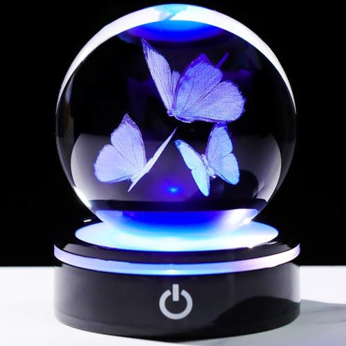 YWHL 3D-Schmetterlings-Geschenke für Frauen, Kristall-Schmetterling-Figur, Kugel mit buntem Lichtsockel, Geburtstag, Muttertag für Schmetterlingsliebhaber, Glas-Tier-Kollektion, Heimdekoration (80 mm)