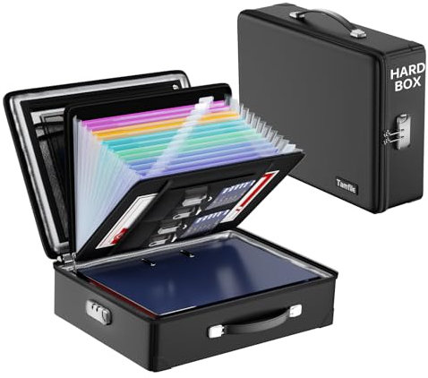 Tamfile Fireproof Document Box, Hard-Shell Water Resistant Safe Box with Fireproof Zipper & Lock, Portable File Storage Organiser Box for Important Documents, Laptop, Passports and Valuables, Black