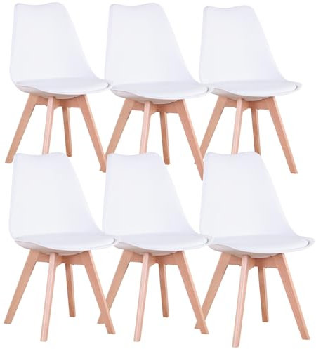 GrandCA HOME Lot de 6 chaises de Salle à Manger Design scandinave avec Pieds en Bois Massif ergonomiques pour Salle à Manger, Salon, Cuisine et Chambre à Coucher (Blanc, 6)