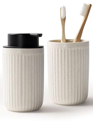 BosilunLife Seifenspender Keramik, 350ml Spülmittelspender Nachfüllbar, mit Zahnbürstenhalter, Großer Pumpenkopf für Leichtes Pressen, für Küche, Bad, Arbeitsplatte (Beige, Flüssigseifenspender)