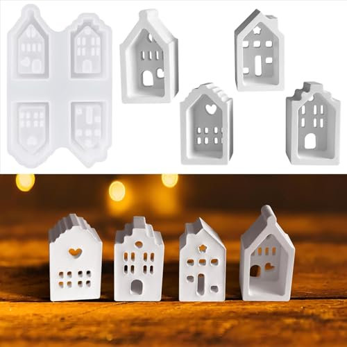 Silikonformen Gießformen Häuser, 4 Stück Gießformen Silikon Haus Mini, Weihnachten Gießformen Silikon, Gips für Gießen Haus Kranz, Gipsformen mit kreativen Beton, Harz Gießharz, Raysin Gießpulver