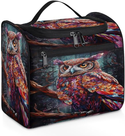Mexpekil Kulturbeutel zum Aufhängen, mit 11 Fächern, bunte Eule auf Ast, wasserabweisend, Make-up-Kosmetiktasche, Reise-Organizer für Zubehör, Shampoo, Toilettenartikel in voller Größe, Bunte Eule auf
