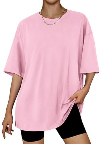 OYIGELZ Damen T-Shirt Oversized Lockere Passform Kurzarm Tops Sommer Tshirt Basic Bluse Rundhals Oberteile Weiten Trainiere Tshirt Baumwolle Tee(Hellrosa-K1,S)