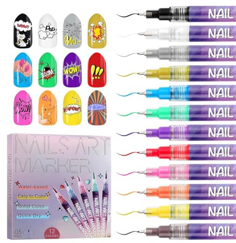 Kalolary 12pcs 3D Nail Art Pens Set Glitter Nail Graffiti Drawing Pen Nail Polish Pens Fine Tip Manicure Tools for Painting Nails DIY Nail Art Beauty Adorn for Women Girls (H)