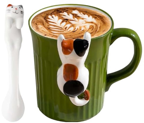 GBKDQQ Süße Katze Becher, Lustige Tasse, Katzentasse mit Löffel, Hinterhältige Katze Tasse Keramik, Cute Mug für Katzenliebhaber Geschenk für Frauen Männe, Kinder, Weihnachten Geburtstag, 350ml