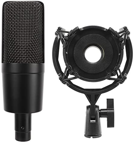 Qukaim Micrófono condensador cardioide con cable, soporte de choque incluido, para voces, podcasting, transmisión, transmisión, ASMR, calidad profesional, color negro