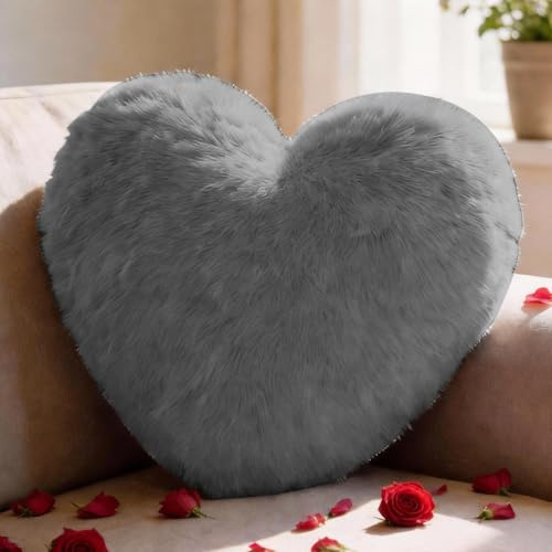 Bcuuozeeing Herzkissen Kuschelkissen Flauschig - 36x46 cm - Grau Herzform Kissen, Plüsch Kissen Herzform, Love Zierkissen Aesthetic, Herzkissen Geschenk für Wohnzimmer Sofa, Kind Schlafzimmer Bett