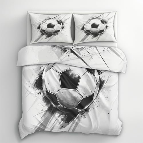YZQGLHP FußBall Bettwäsche 135x200 Schwarz-Weiß, Wendebettwäsche & Zimmer Deko, Weiche Microfaser Bettbezug Set 2 Teilig, 2 Kissenbezug 80x80, mit Reißverschluss