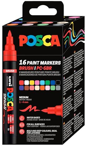 POSCA PC5BR, 16 Marqueurs peinture Brush base eau - Tout Support | Uni Mitsubishi Pencil - Pointe semi-flexible moyenne 1,0-4,0mm. Couleurs couvrantes, permanentes sur surfaces poreuses