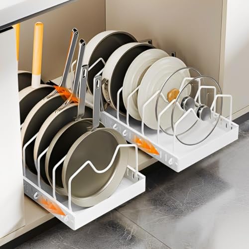 WOPPLXY Lot de 2 Rangement Couvercle Casserole, Range Couvercle Blanc avec 8 Compartiments Réglables, Rangement Poele et Casserole pour Tiroir Cuisine