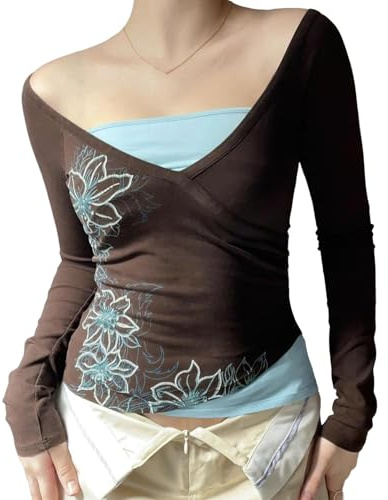 Women Vintage Flower Graphic Long Sleeve Top Fake 2 Piece Grunge T Shirts Teen Girls 2000s Emo Clothing(Large) Brown