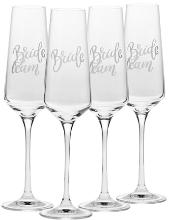 Krosno Champagnergläser Bride and Team Bride 4er Set 180 ml- Prosecco-Sekt- gläser, handgefertigt aus bleifreiem Kristallglas matt weiß verziert - JGA Gläser für Junggesellinnenabschied