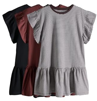 THE SET Mädchen Jerseykleider mit kurzen Rüschenärmeln und tiefer Taille, 3er-Pack Black/Brown Stripe/Red 158