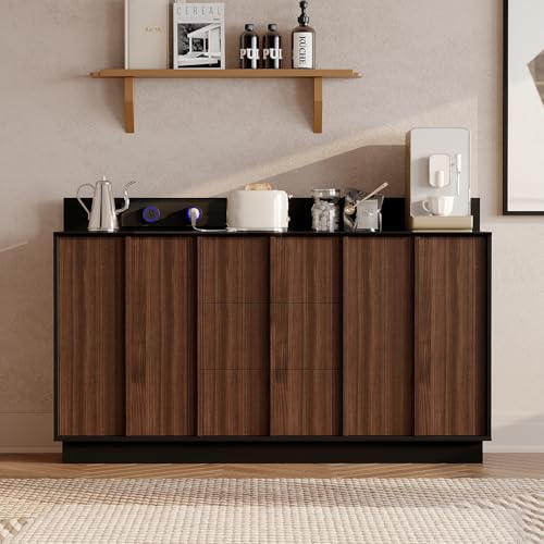 Caldion Sideboard mit Tragbare Steckdose Küchenschrank mit 2 Türen und 3 Schublade Kommode für Wohnzimmer Küchenschrank Sideboard mit Schubladen 140x38.9x80cm Dunkelbraun&Schwarz