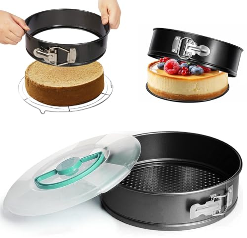 Springform 28 cm Rund mit Deckel, 11 Zoll Runde Backform Antihaft Kuchenform mit Abnehmbar Flachboden, Tragbarer Tortenform Kuchenbackform mit Antihaftbeschichtung für Käsekuchen Biskuit & Dessert