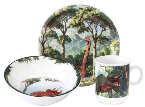 Seltmann Weiden Compact Kindergeschirr Set 3-teilig – Dino – Teller, Schale und Becher mit Dinosaurier-Motiven – Porzellan – Spülmaschinen- & Mikrowellenfest – Bunt