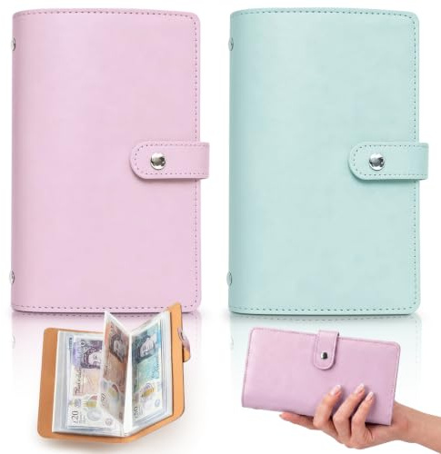 2Pack Money Saving Wallet, 100 Envelopes Saving Challenge for Family and Couples, Savings Challenge Book Organiser Cash Binder,Blue & Pink