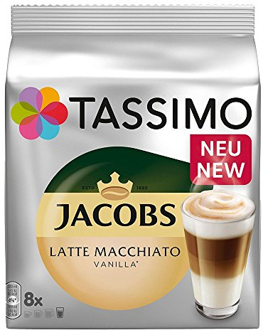 Tassimo Latte Macchiato Vanilla, Kaffee, Vanille Milchkaffee Kaffeekapsel, gemahlener Röstkaffee, 16 T-Discs / 8 Portionen