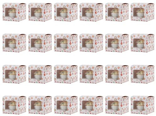 Komonee 25 x Cupcake Boxes Individual Pattern Single Fairy Cup Cake With Clear Window Cardboard Packaging Box Baking Kids Muffins Cookies Brownies Christmas Bake Weddings