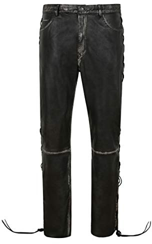 Men's Biker Laced Vintage Leather Trousers 100% Lambskin Riding Pants 00126, Black Vintage, Waist 32