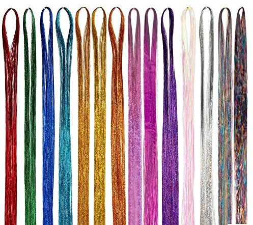 14 Colors 4200 Strands Hair Tinsel Extensions, Shiny Colorful Straight Hair Extensions for Women Girls Party Cosplay Rainbow Synthetic Hair Extensions (36.6 Inches)