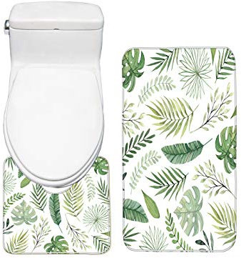 Bearbae Tropical Palm Leaves Green Plant Pattern 2 Piece Bathroom Mat Set Non Slip Bath Mat Contour Mat