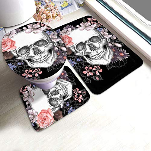 RedBeans 3-teiliges Badvorleger-Set aus Flanell, mit Totenkopf- und Blumenmotiv, weicher WC-Vorleger
