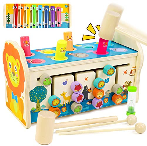 Symiu Baby Spielzeug ab 1 Jahr Motorikwürfel Holzspielzeug Hammerspiel 3 IN 1 Kinder Spielzeug Xylophon Labyrinth Musikinstrumente Geschenk für Kinder Ab 1 2 3 Jahre Junge Mädchen