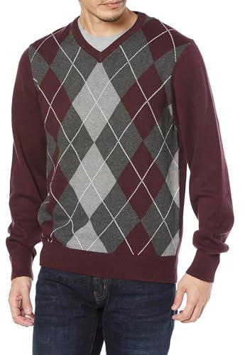 Amazon Essentials Maglione Pullover con Scollo a V (Disponibile in Taglie Big & Tall) Uomo, Bordeaux A Rombi, L