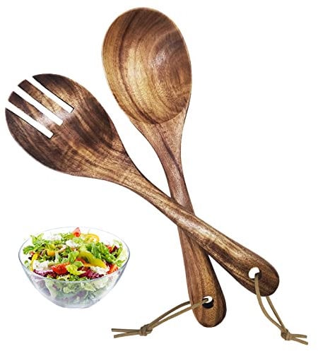 SwirlColor Salad Servers, 10inch Environmental Natural Teak Wooden Spoons Serving Spoon Fork for Salad Rice Soup in Family Kitchen Restaurant