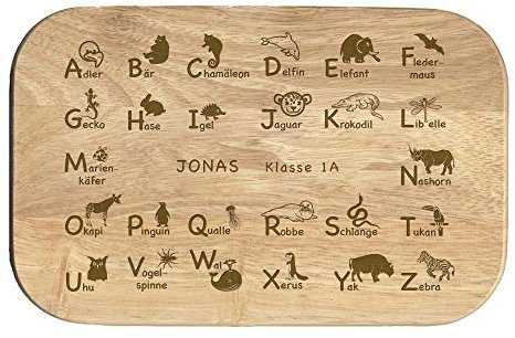 stempel-fabrik Frühstücksbrettchen ABC personalisiert mit Name/Text zur Einschulung (23 x 15 x 1 cm) Brotbrett zum Lernen - Vesperbrettchen/Jausenbrettchen/Brotzeitbrettchen