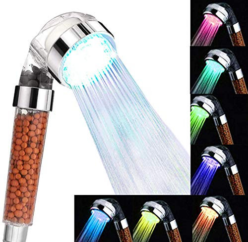 Skupro Soffione doccia, risparmio idrico ad alta pressione, soffione doccia a led con cambio colore 7, doccia palmare con filtro ionico e pietra per SPA