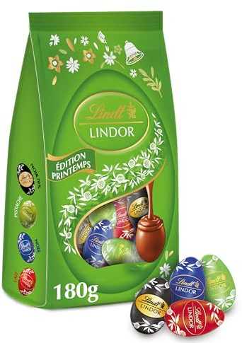 Lindt - Sachet d'Œufs LINDOR - Assortiment de Chocolats au Lait, Noir 45%, Noir 70%, Pistache - Idéal pour Pâques, 180g