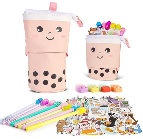 Primo Lines Juego de papelería – Bonito Estuche de papelería desplegable, el Juego de papelería Kawaii Viene con 1 Estuche desplegable Boba Rosa o marrón, Estuche de Unicornio para niñas, Multicolor,