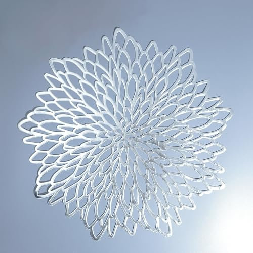 Snowkingdom 18 Pack Silver Placemats Metallic Glitter Vinyl Dinning Table Mats, Decorative Round Leaf Charger Bulk For Winter Thanksgiving Christmas Party Holiday
