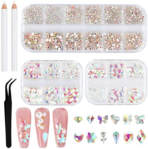 Nail Gems 1560pcs, Tikplus 18 Styles Flat Back Nail Rhinestones with Pick Up Tweezer and Picker Dotting Pen, AB Nail Crystals and Gemstones, Stick On Gems for Nail Art Craft, Face, Teeth