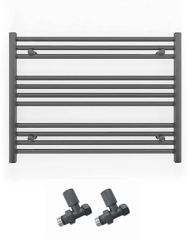 900mm Wide Straight Anthracite Grey Heated Bathroom Towel Rail Radiator With Valves For Central Heating UK (With Straight Valves, 900 x 600 mm (h))