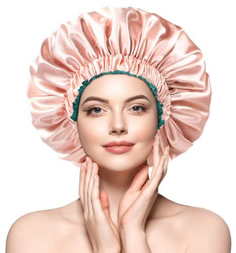 mikimini Satin Bonnet Silk Bonnet Pack of 2 for Women Long Curly Hair, Reversible Double-Layer Sleeping Hair Bonnet Extra Large Stretchy Sleep Hair Caps (Green+Pink)