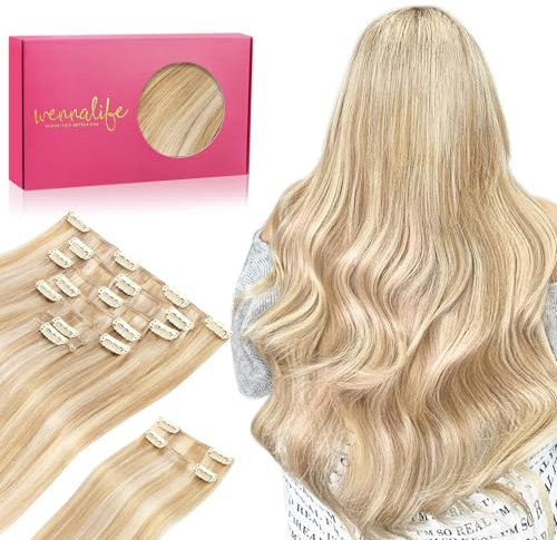 WENNALIFE Clip In Extensions Echthaar, 150g 40cm 9pcs Dreckiges Blond Highlights Bleichblond Clip In Extensions Hair Extensions Clip In Natürliche Echthaar Extensions Clip Haarverlängerung Echthaar