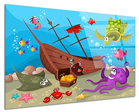 DECLINA, tableau mural, verre acrylique, déco murale, impression HD, trésor sous-marin, art mural enfant, cadre rigide, illustration océan, déco chambre, poster acrylique, animaux marins