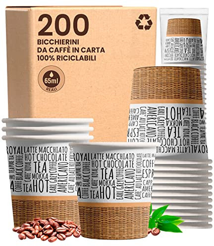 200 Bicchierini in Carta da caffè 65ml WriteOnCUP Bicchieri Ecologici Biodegradabili Monouso Piccoli Asporto Bevande Calde