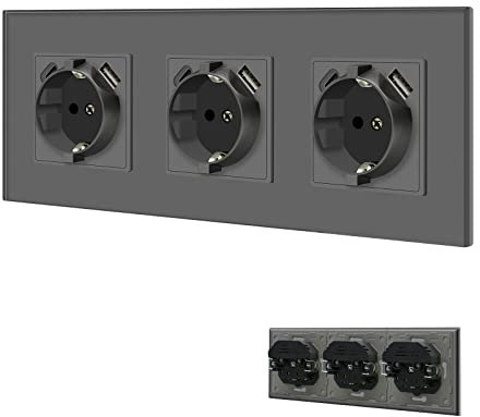 BSEED Schuko Steckdose mit USB/Typ C 16Amp Steckdose mit Steckklemme Unterputz Steckdose mit 3.1A Doppel USB/Typ C 228mm Wandsteckdose Einbausteckdose USB Steckdose Grau