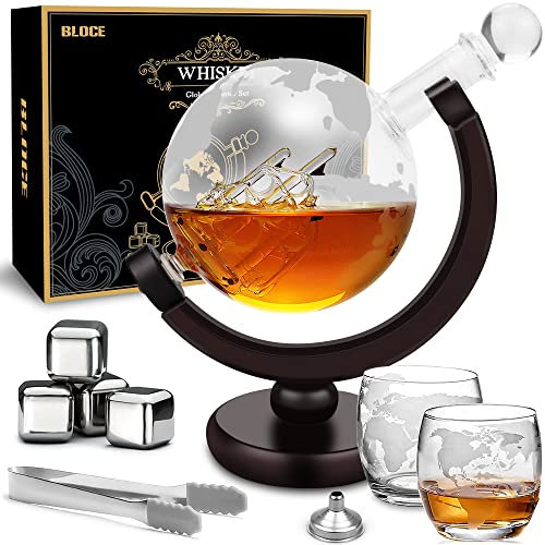 BLOCE Whiskey Decanter Set with Glasses, Etched World Globe Whiskey Gifts for Men with 2 Glasses, 4 Ice Cubes Set, Home Bar Accessories for All Kinds of Alcohol Drinks and Vodka