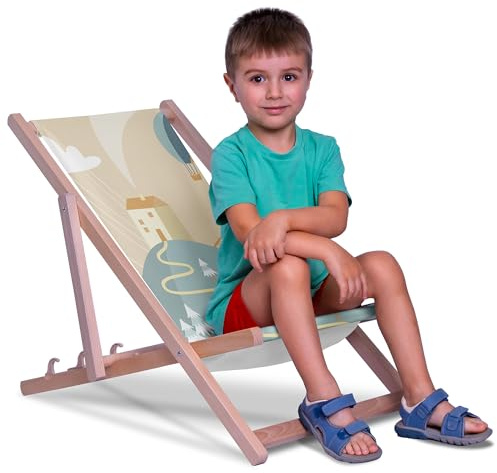DreamRoots Kinder Liegestuhl Holz Gr. S, Sweet Home | Klappbarer Campingstuhl faltbar, für Garten & Strand, bis 130 kg, waschbarer Bezug, 100% Polyester, UV-beständig, Kinderliege