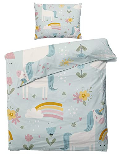 ZDABAOEC Einhorn Bettwäsche 155x220 Kinder Mädchen, Süße Regenbogen Prinzessin Kinderbettwäsche 2er Set - 100% Microfaser Bettbezug + 1 Kissenbezug 80x80, mit Reißverschluss, Wende Motiv