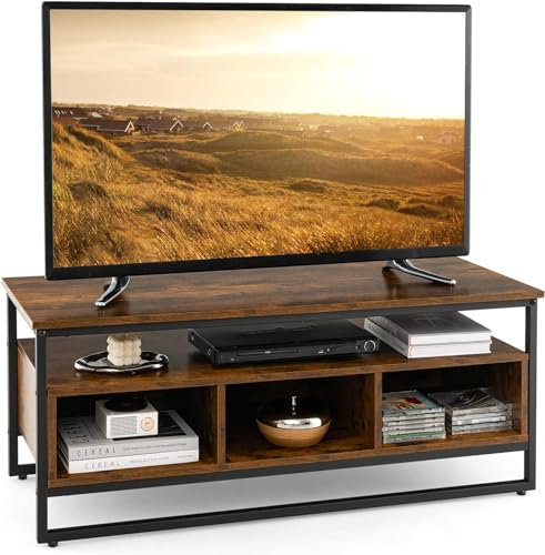GYMAX Meuble TV Style Industriel pour 50 Télévision avec Cadre Métallique, Table Basse avec Étagère Ouverte et 3 Compartiments de Rangement pour Salon, Chambre, 110X42,5X45CM