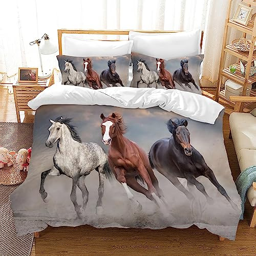 Juego de Ropa de Cama con Caballos 200x200cm, Color Blanco, Juego de 3 Piezas, Ropa de Cama para Adultos, decoración del Dormitorio (Double（200x200cm）, B)