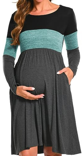Bearsland Women’s Long Sleeve Maternity Dresses Patchwork Pregnancy Dress with Pocket, Green, M